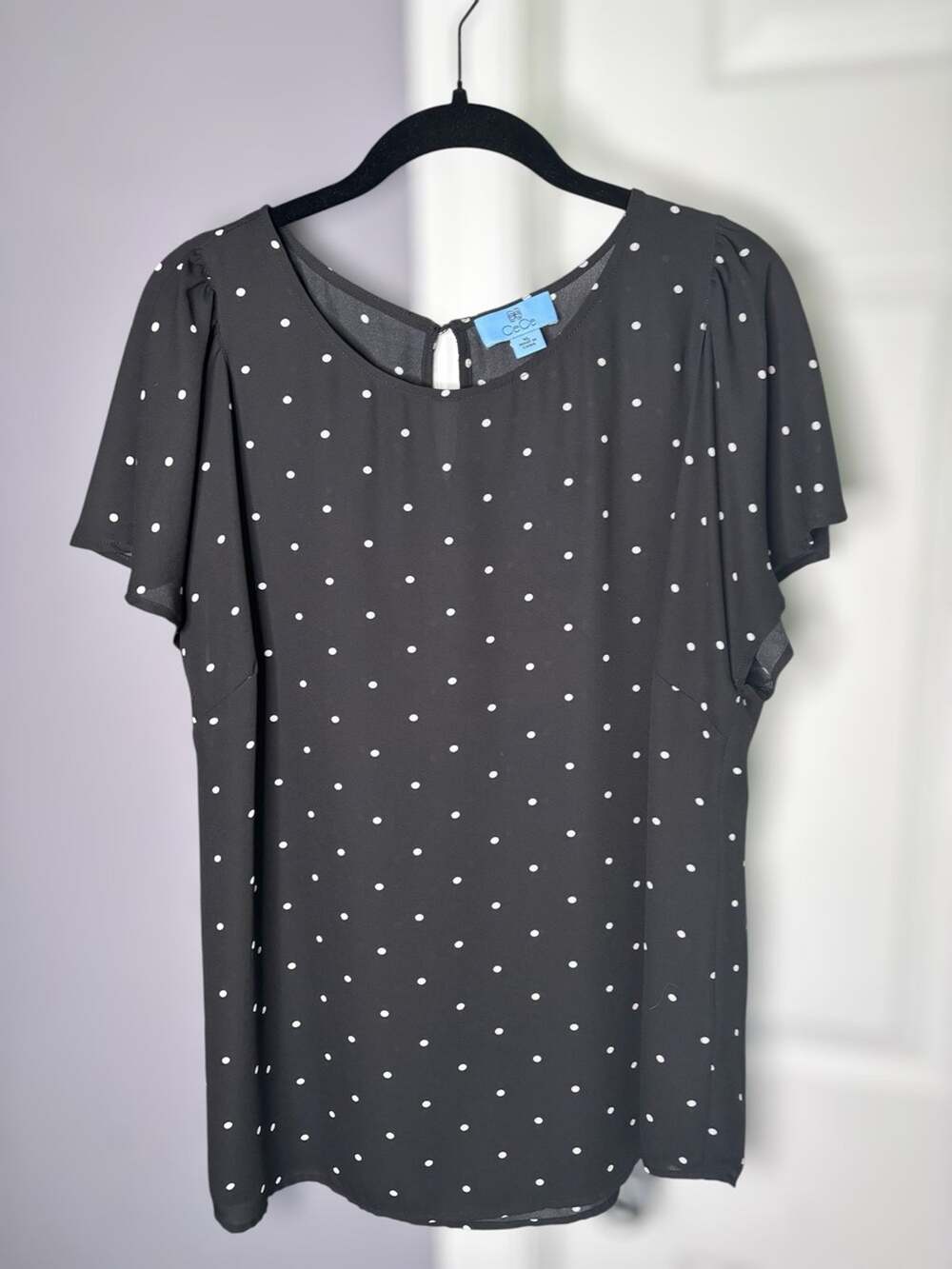 Cece Black White Polka Dot Flutter Sleeve Blouse XL